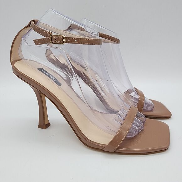 Nine West Shoes - Nine Wester Patent Leather Heeled Sandals Size 9.5 Beige Square Open Toe Neutral